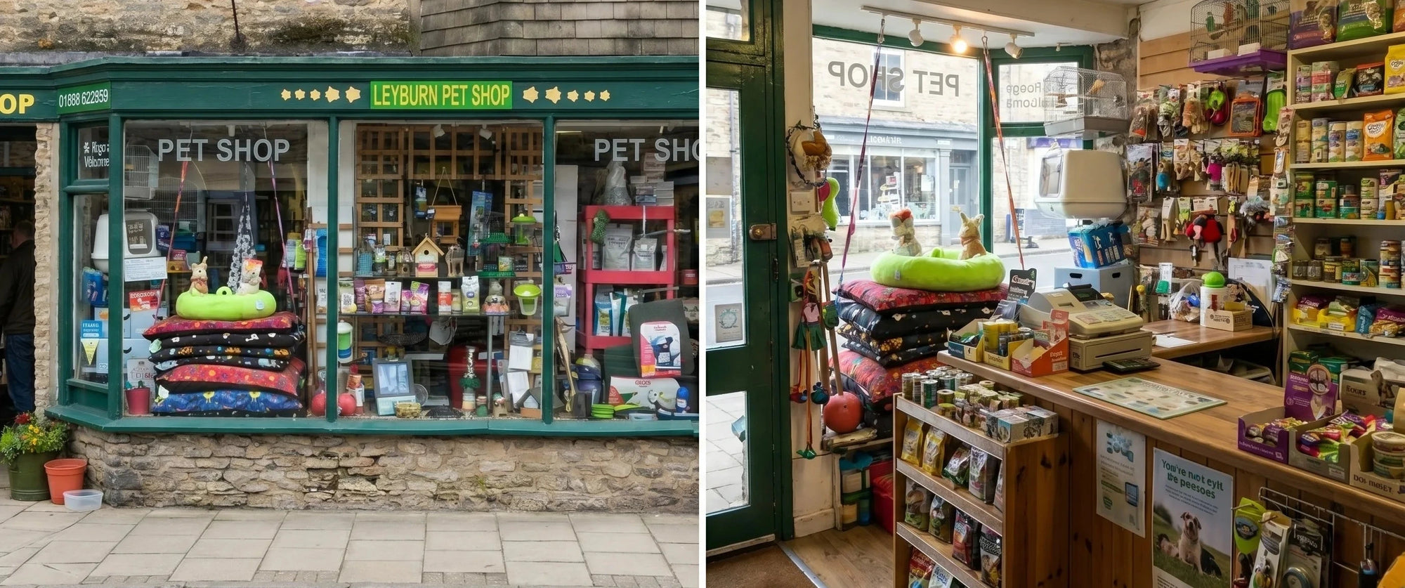Two images: the exterior of a pet shop and the interior with shelves and products.