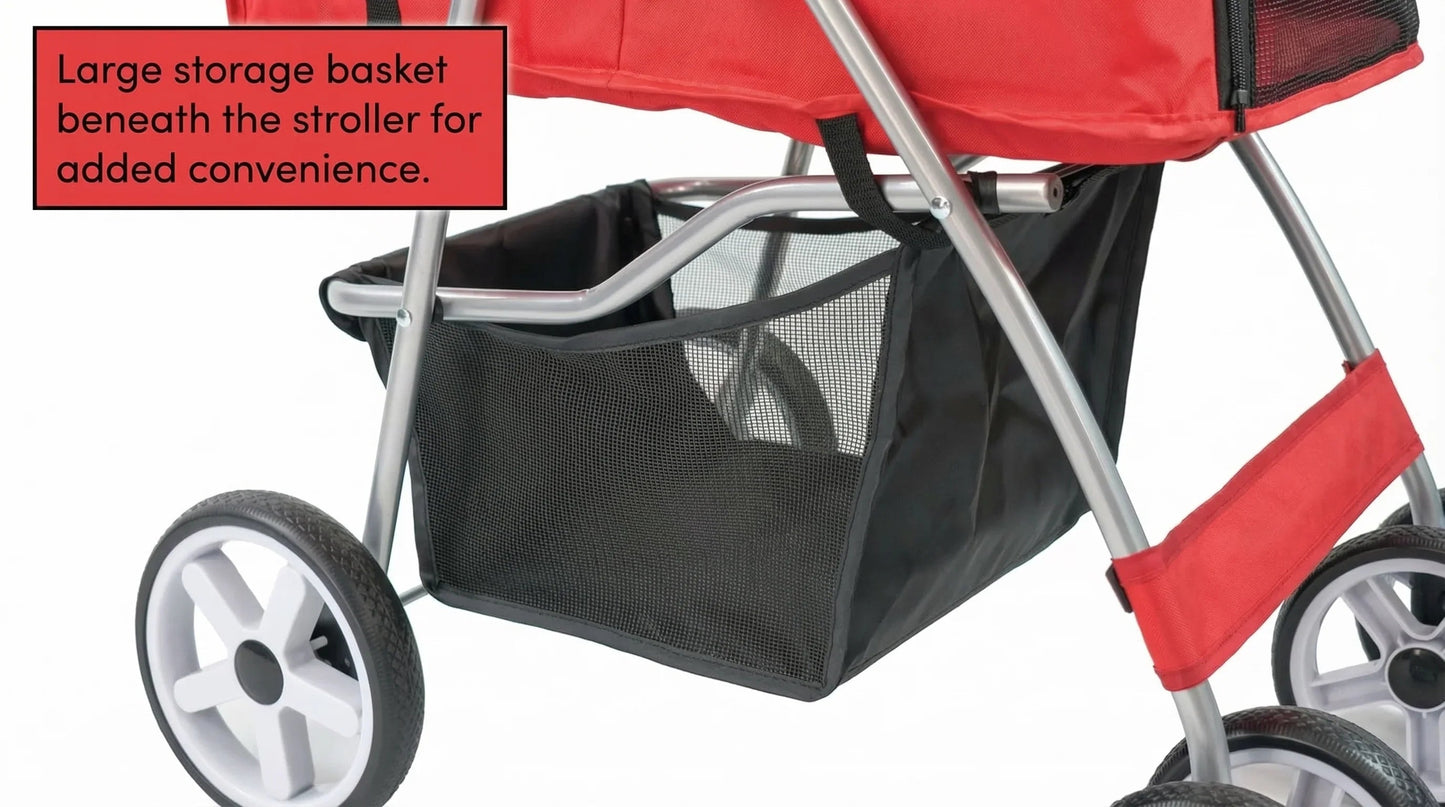 Leyburn Pets Foldable 4-Wheel Pet Stroller with Safety Tethers, Brake System and Storage Tray