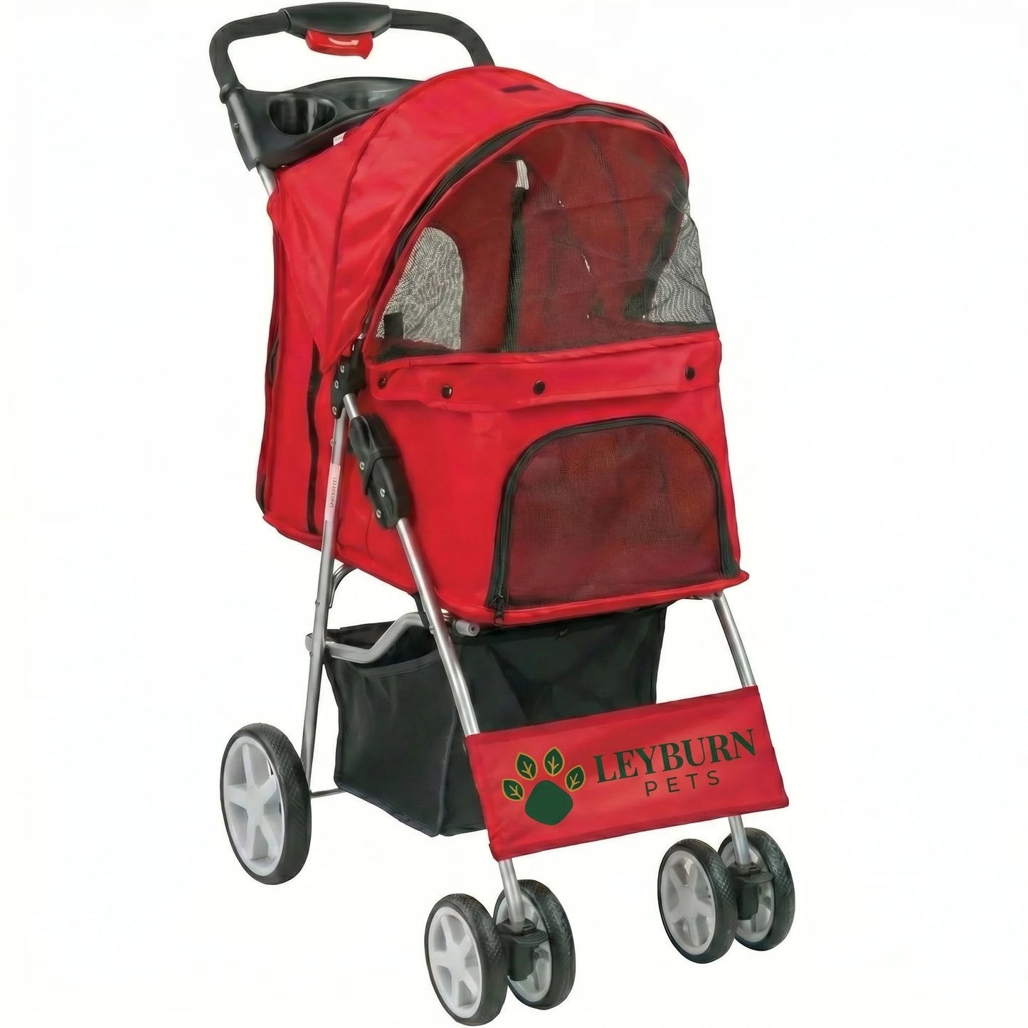 Leyburn Pets Foldable 4-Wheel Pet Stroller with Safety Tethers, Brake System and Storage Tray