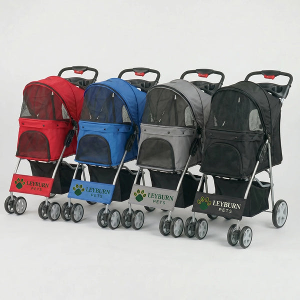 Leyburn Pets Foldable 4-Wheel Pet Stroller with Safety Tethers, Brake System and Storage Tray